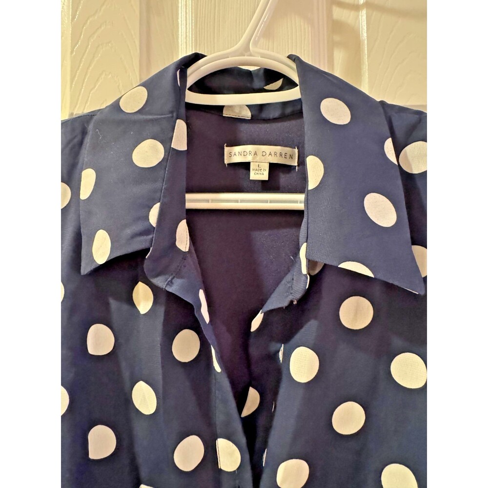 Sandra Darren Polka Dot Shirt Dress Navy Blue Midi Belted Button Front Sz L NWT - Picture 6 of 13